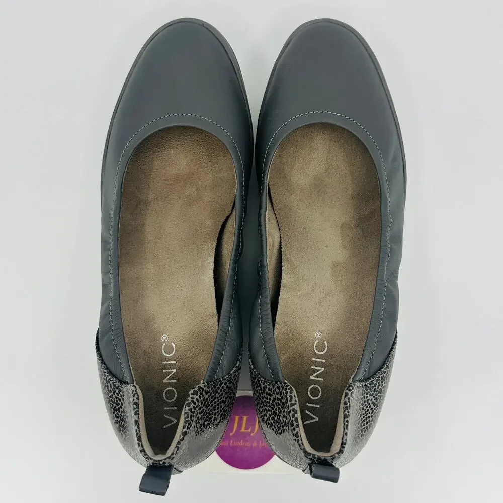 Vionic Women's Jacey Gray Leather Slip On Comfort Wedges Charcoal/Leopard Size 8